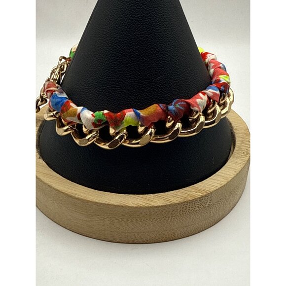 Colorful Fabric-Wrapped Gold Chain Bracelet With Lobster Clasp & Adjustable Fit - Picture 3 of 6
